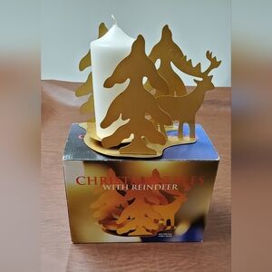 Gold Christmas Trees With Reindeer Candle Holder EUC